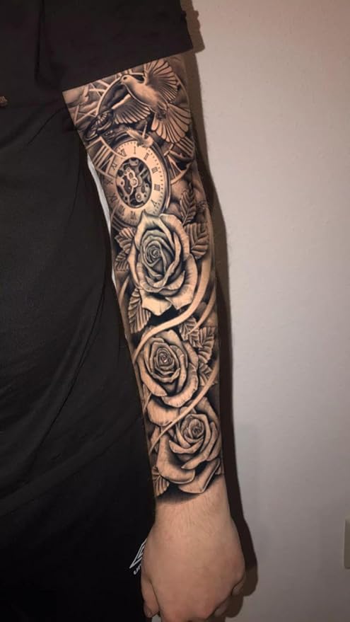 INKARTLINK Semi Permanent Tattoo, 2 Pieces Full Arm Large Size Art Party Tattoos, Comes with a Pair of Anti-Transfer Sleeves, Lasts 7-15 Days, Waterproof (Rose, Dove of Peace, Clock)
