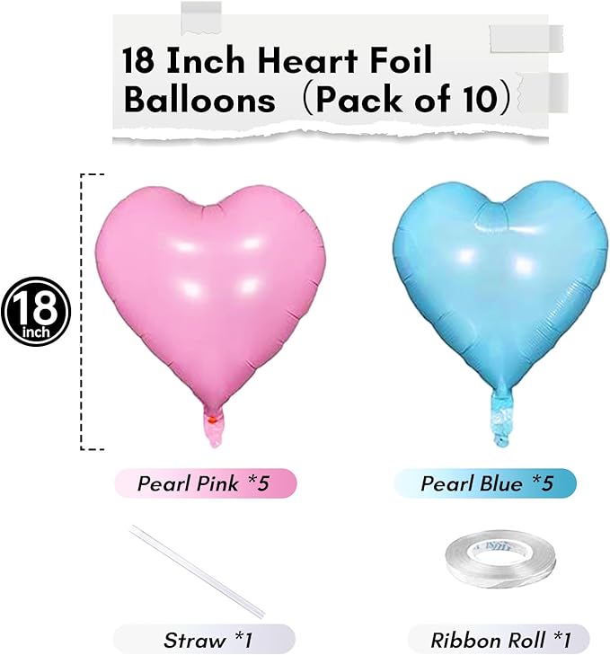 Pink Blue Heart Balloons, 18 Inch Pastel Blue Pink Foil Heart Balloons Pearl Pink Blue Heart Shape Mylar Balloons Baby Blue and Pink Party Balloon for Baby Shower Gender Reveal Birthday