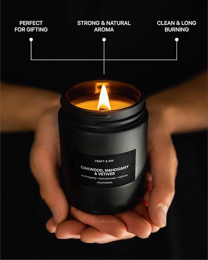 Craft & Kin Premium Oakwood, Mahogany & Vetiver Candle | Black Christmas Scented Candles for Men | Long Lasting with 45 Hour Burn Time, 7.6oz | Soy Holiday Candles | Aromatherapy at Home