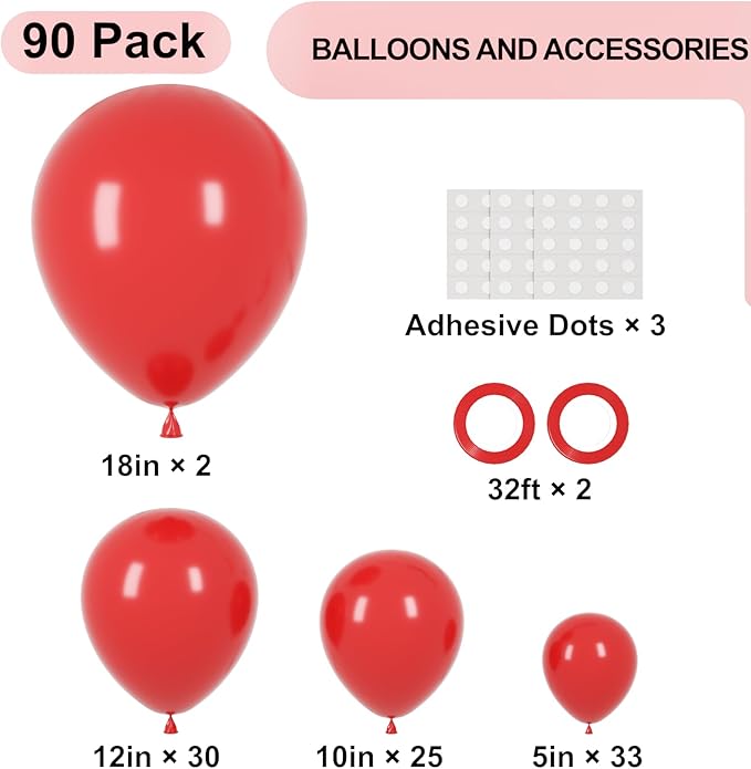 90pack Red Balloons Different Size 18/12/10/5 Inch Red Balloon Garland Arch Kit for Valentine's Day, Graduation, Wedding, Birthday, New Year, Baby Shower, Christmas Party Decorations