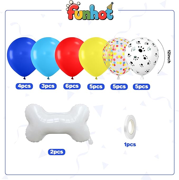 Paw Balloons,12 Inch Red Yellow Blue and White Paw Print Colorful Confetti Balloons with Bone Foil Balloon for Cartoon Carnival Circus Themed Birthday Party Decorations