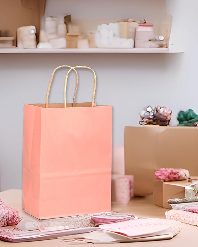 qiqee Large Kraft Paper Bags with Handles 13"x10"x5" 32 pcs Gift Paper Bag Bright Pink Solid Color Bags（Large Size）