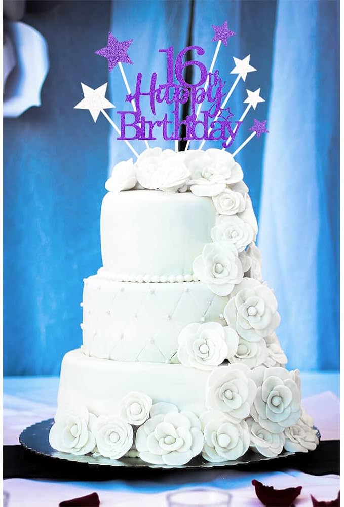 Glittery 16th Happy Birthday Cake Topper with Star,Personalised 16 Birthday Cake Toppers Party Decorations Party Supplies for Boys Girls Purple Silver
