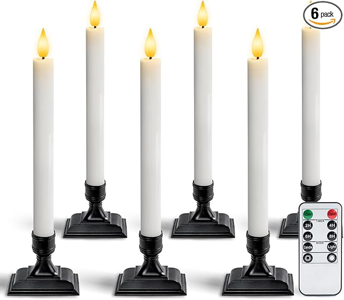 Homemory Real Wax Window Candles with Remote Timer Dimmer, Flameless Taper Candles with Holders, Christmas Candle for Window Battery Operated, LED Candlesticks for Home Holiday Decor, 6 Pcs White