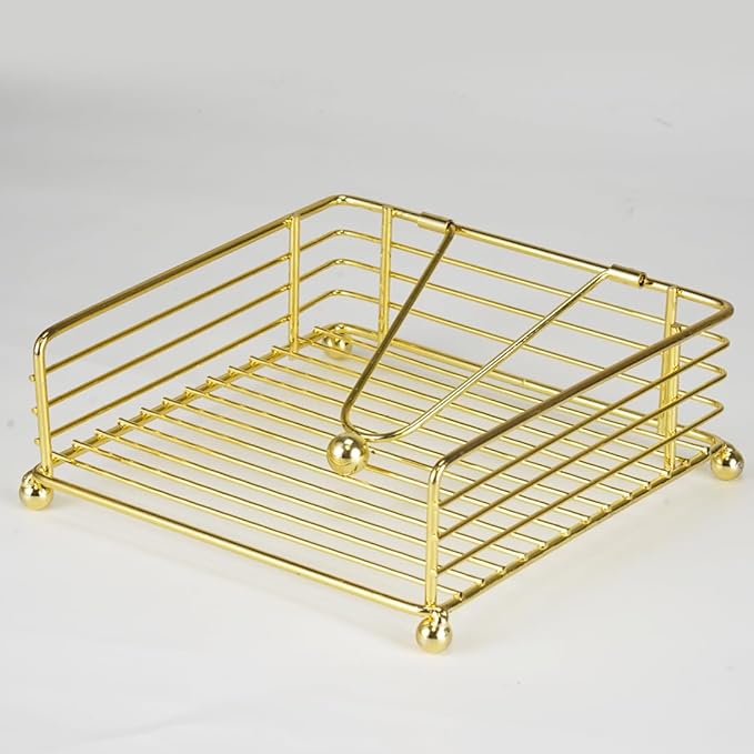 Napkin Holder for Table, Flat Napkin Dispenser with Weighted Arm, Square Cocktail Paper Holder of Elegant Rustic Iron for Kitchen Dining Room Decor Restaurant Farmhouse Hotel Party, Gold