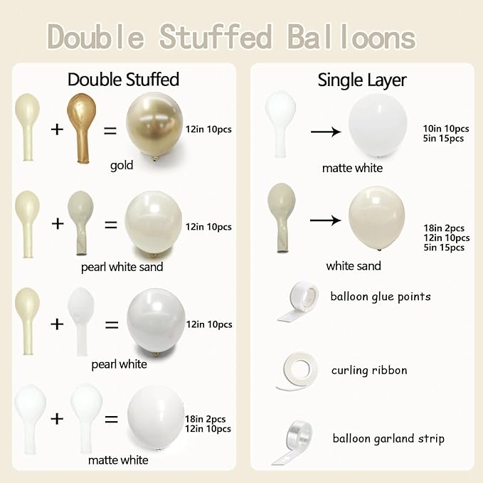 White Gold Balloon Arch Double Stuffed Pearl White Sand Cream Gold Chrome Balloon Garland Kit for Christmas New Year Birthday Baby Shower Wedding Engagement Baptism Party Decorations