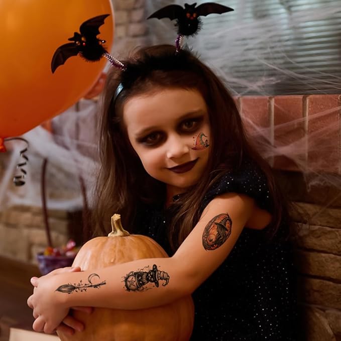 77 Sheets Witch Temporary Tattoos Women Men Adults, Skeleton Death Skull Pointed Black Hats Brooms Cauldrons Black Cats Half Arm Halloween Fake Tattoo, Bat Scary Tattoos for Halloween Costume