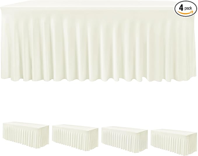HolidayIdeas Spandex Table Skirts for Rectangle Tables 4 Ft, Fitted Stretch Table Cover 24x48 Inch, Wrinkle-Free Ruffle Design Tablecloths for Banquets,Trade Shows, Parties, Events, 4 Pack, Beige