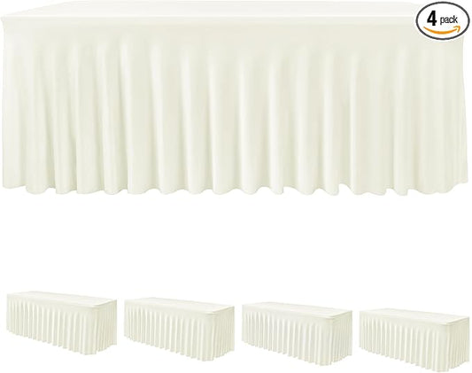 HolidayIdeas Spandex Table Skirts for Rectangle Tables 6 Ft, Fitted Stretch Table Cover 30x72 Inch, Wrinkle-Free Ruffle Design Tablecloths for Banquets,Trade Shows, Parties, Events, 4 Pack, Beige