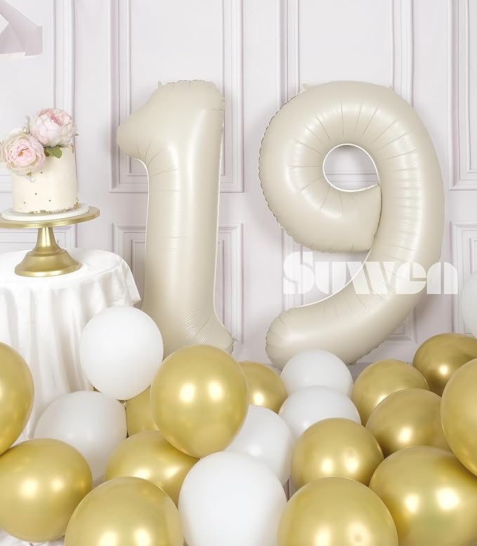 SUWEN 40 Inch Cream White Large 19 Number Balloons Big Foil Helium Number Balloons 0-9 Jumbo Happy 19th Mylar Birthday Party Decorations for Boy or Girl 91 Anniversary Party Supplies