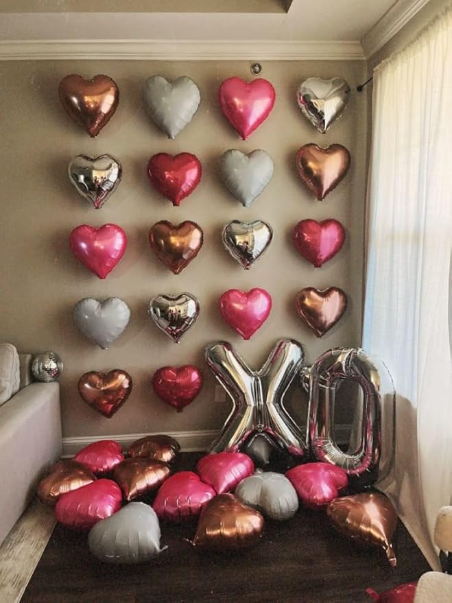 Rose Red Silver Heart Balloons, 18 Inch Light Pink and Silver Heart Shaped Balloon, 12PCS Hot Pink Helium Foil Love Balloons for Birthday Engagement Wedding Valentine Party Decorations