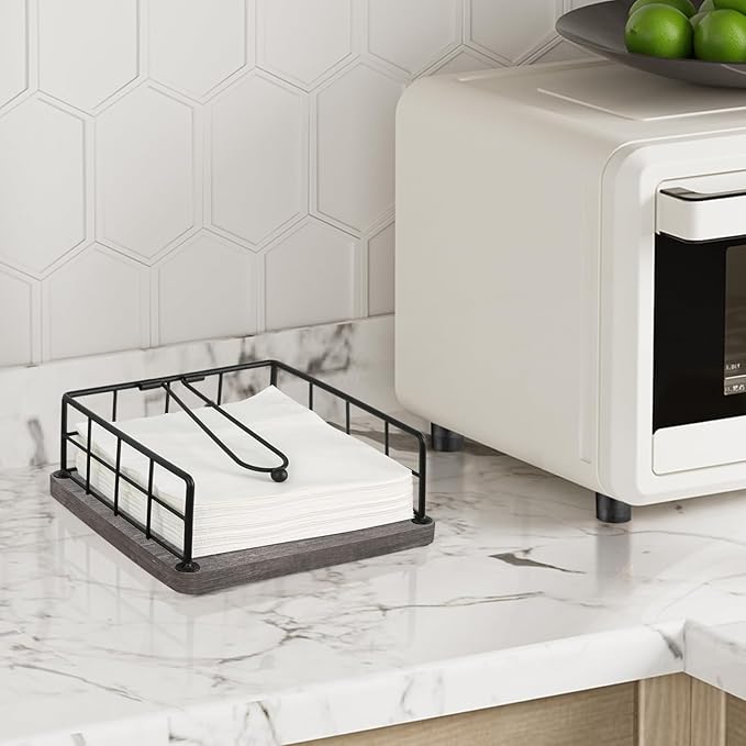 YINMIT Flat Napkin Holder for Table Wood, Gray Farmhouse Napkin Holders with Weighted Arm, Rustic Metal Square Napkin Holder Organizer for Kitchen Bathroom Dining Table