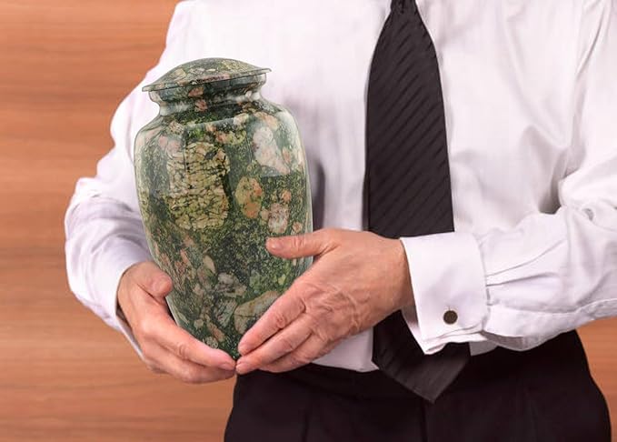 Large Cremation Urn | Handcrafted Marble Finish Adult Cremation Urn | Funeral and Memorial Cremation Urns for Human Ashes up to 200 lbs with Velvet Bag (Green Marinace)