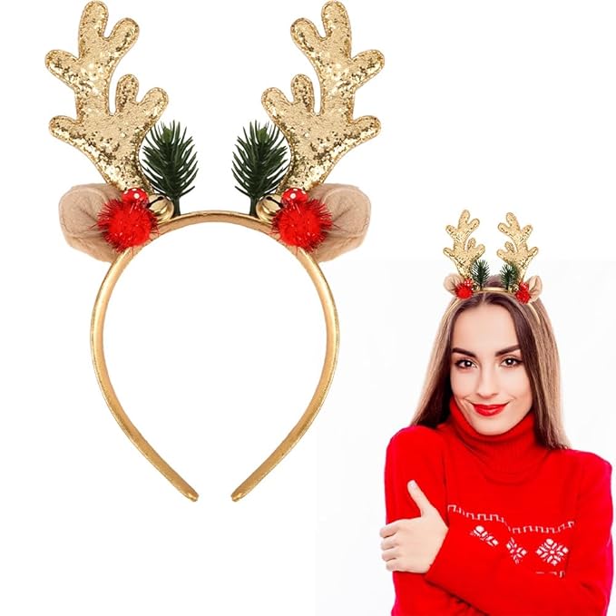 TODDER Gold Christmas Headband, Reindeer Antlers Ears Headband for Adults and Kids, Christmas Hair Accessories Deer Antlers Costumes for Themed Parties and Cosplay