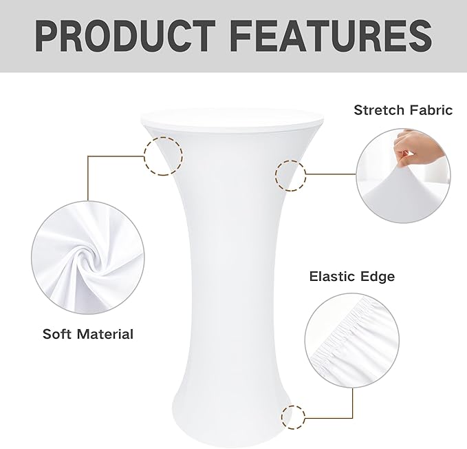 5PCS 24x43 Inch Round Fitted Cocktail Table Cover White Spandex Cocktail Table Cloth Highboy Fitted Tablecloth High Top Table Cloths for Party Pub Banquet Bistro