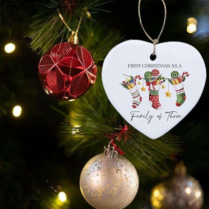 First Christmas as Family of Three Ornament Babys First Christmas Ornament Boy Girl New Parents Gifts for Couple Him Her Husband Wife Family Christmas Heart Ceramic Xmas Tree Ornament Decorations