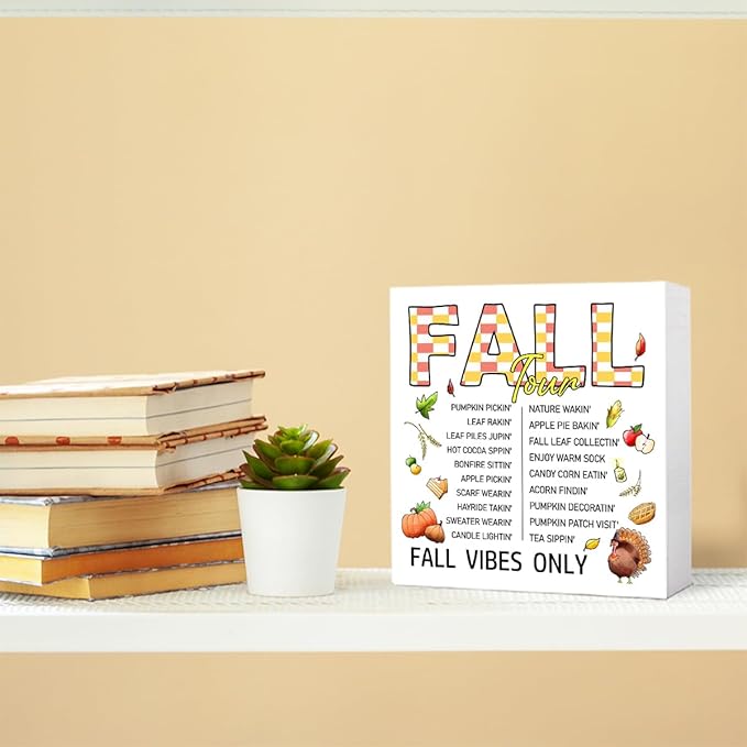Funny Autumn Wood Box Sign Fall Vibes Only Wooden Block Desk Decor for Home Office Kitchen Cubicle Table Shelf Tabletop,Farmhouse Fall Sign Decor