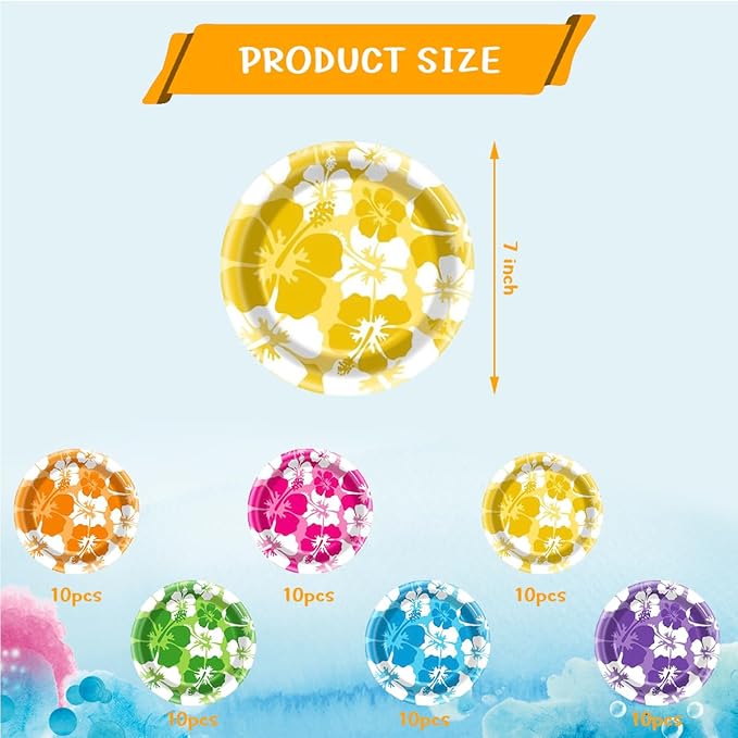 60Pcs Hibiscus Party Plate Tropical Hawaiian Theme Tableware Summer Luau Beach Party Decorations Dessert Plate