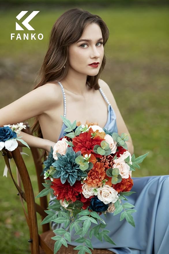 FANKO Rose Artificial Flowers Combo for DIY, Fake Burnt Orange & Navy Blue Rose Silk Flowers Greenery, Faux Flowers for Wedding Bridal Bouquet, Table Centerpieces, Floral Arrangement, Home Decoration