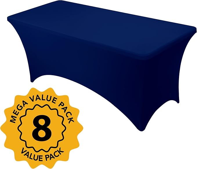 8-Pack Premium Navy Blue Spandex Tablecloths for 6ft Rectangle Tables, Stain & Wrinkle-Resistant, Washable Stretch Polyester Fitted Table Cover for Weddings, Banquets, Trade Shows Events