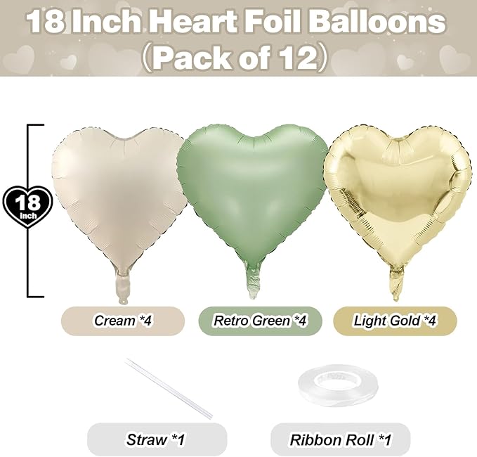 Sage Green Gold Heart Balloons, 12PCS Green Gold Heart Shaped Foil Balloons, 18Inch Green Cream White Heart Helium Foil Balloon for Jungle Woodland Birthday Wedding Baby Shower Party Decoraion