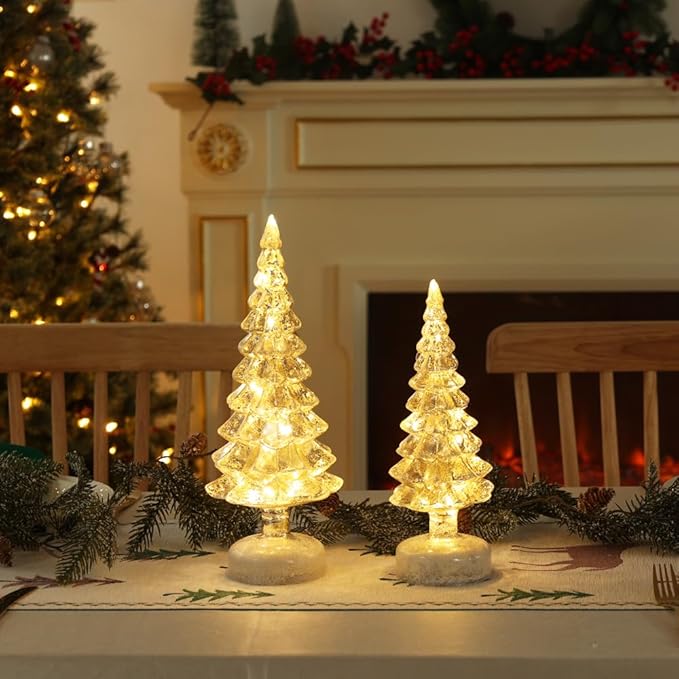 YEAHOME Christmas Decorations Indoor, Set of 2 Glass Christmas Trees with Lights for Home Decor, Christmas Table Decorations Xmas Tree with Timer for Living Room Fireplace Mantel Tabletop Party Decor