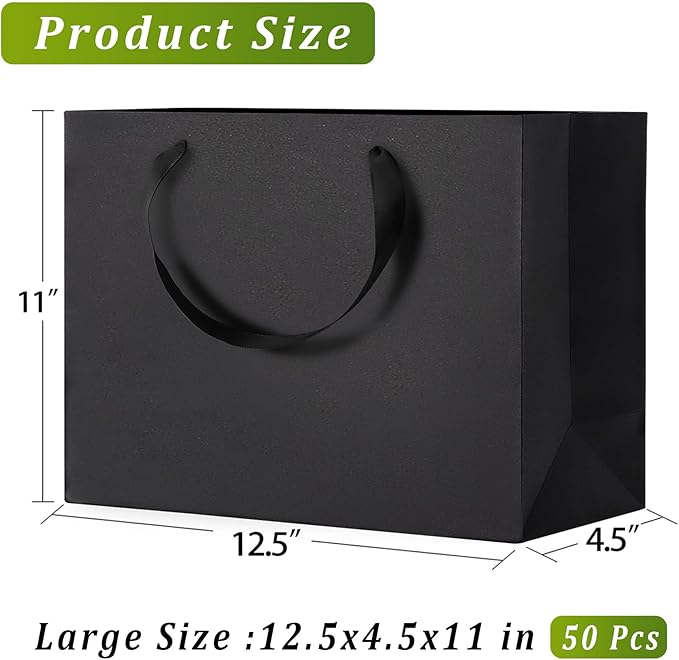 Black Gift Bags With Handles, 12.5x4.5x11 Inch Sturdy Kraft Paper Gift Bags 50 Pcs, Bulk for Wedding, Party, Birthday, Business and Shopping, Large Size