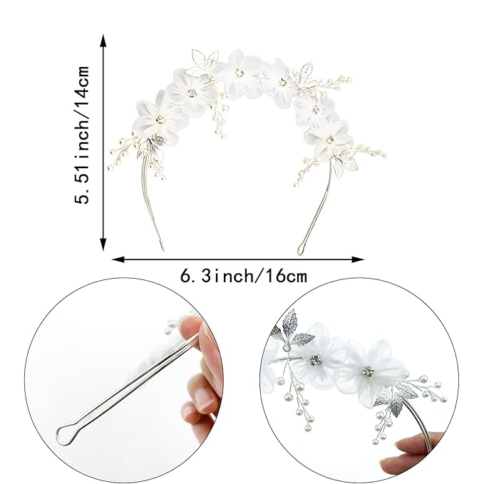 1PCS Tulle Flower Headband, Flower Girl Headpiece, Bridal Pearl Headband Women Pearl Flowers Crowns for Wedding and Birthday(White)