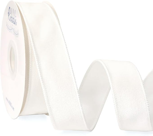 Ribbli White Velvet Wired Ribbon 1.5 Inch Velvet with Satin Christmas Ribbon for Gift Wrapping Christmas Tree Decoration Crafts Wreaths Supplies-Continuous 10 Yards