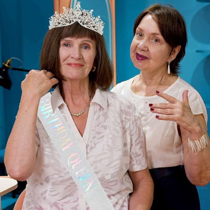 Birthday Queen Sash Headbands for Women Happy Birthday Tiara & Crowns for Girls Accessories Favor Supllies Silver, 2 Pack