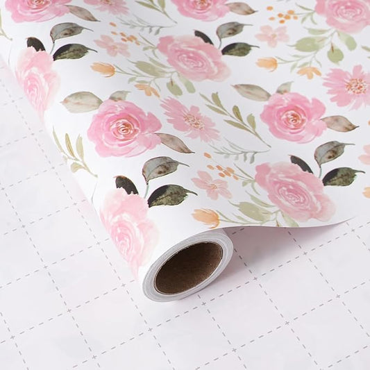 ZINTBIAL Pink Floral Wrapping Paper Roll - Watercolor Roses and Light green leaves Design, 17 Inches x 16.5 Feet, Gift Wrap for Wedding, Bridal Shower, Birthday, Mother's Day, Cut Lines on Back