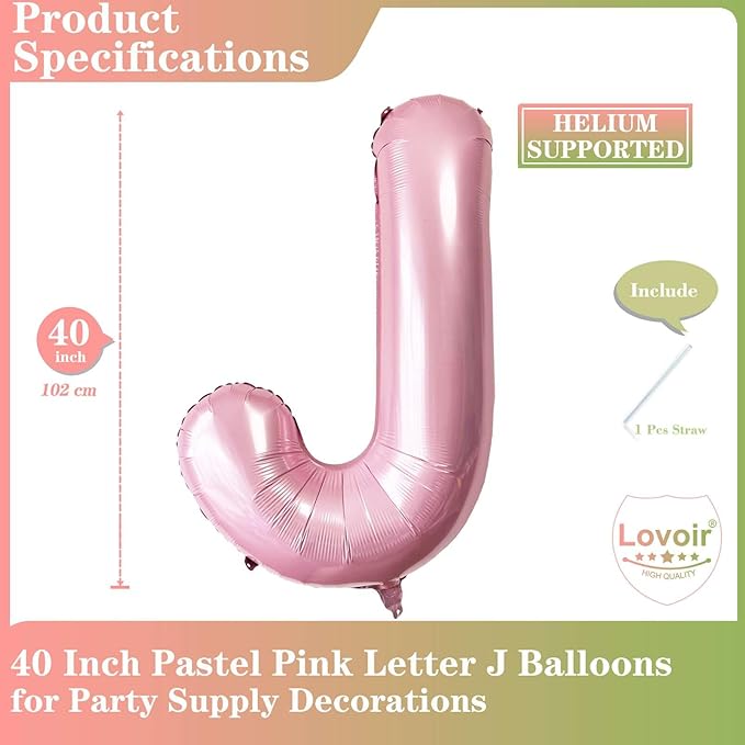 Lovoir Pink Letter J Balloons, 40 Inch Pastel Pink Letter Balloons J Foil Mylar Helium Pink Letter Balloons for Birthday Party Supplies Anniversary Event Celebration Decorations Alphabet Pink J