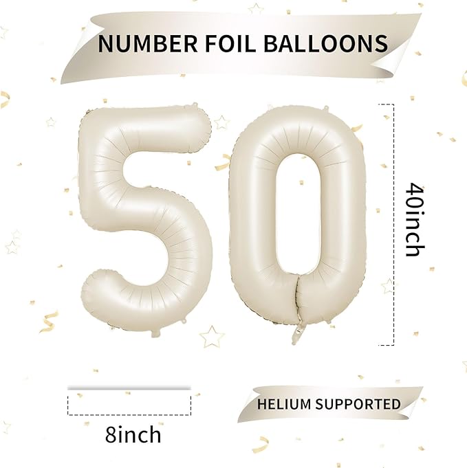 Biapian 40 Inch Cream Number 50 Balloon, 50th Birthday Balloons, Big Digital 50 Beige White Giant 50 Foil Balloon Helium for Men Women 50th Birthday Decorations Anniversary Baby Shower Party Supplies