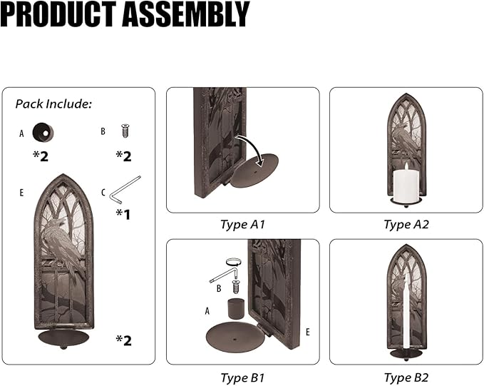 Gothic Wall Candle Sconces Set of 2, Wrought Iron Crow Wall Mounted Candelabra Holder with Removable Trays for Taper & Pillar Candles, Medieval Cathedral Window Design, Dark Academia Decor