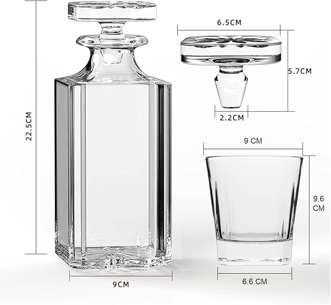 Whiskey Decanter Glasses Set Lead-Free Crystal Glass Scotch Tasting Cups Wine Bottle for Drinking Irish Whisky Bourbon Tequila tumbler (Square, 1 Decanter & 4 Glasses Set)