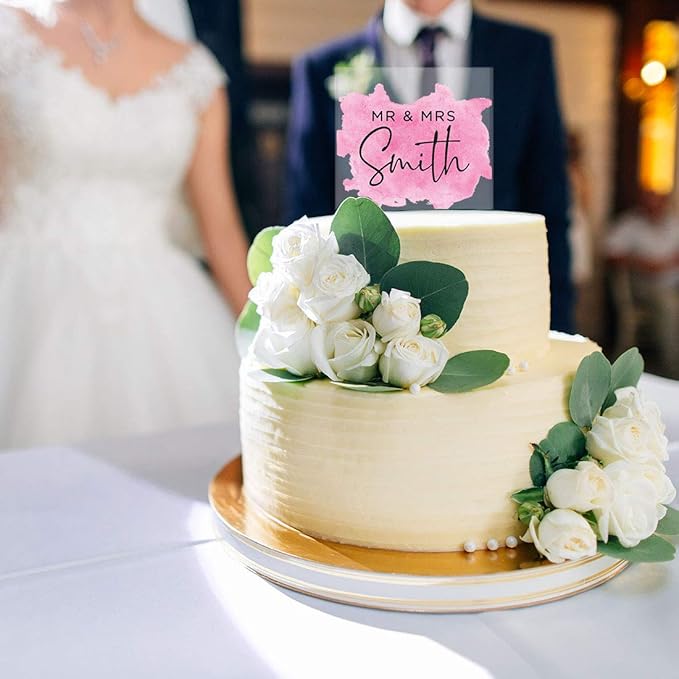 Andaz Press Modern Pink Watercolor Custom Wedding Cake Topper, Acrylic Square Personalized Couple Cake Topper