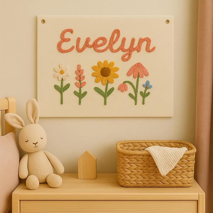 Personalized Name Hand Embroidered Banner Flag, Custom Baby Name Pennant Flowers Sign for Nursery, Customized Embroidered Canvas Flag for Birthday Gifts Kids Room Nursery Baby Shower Party Wall Decor