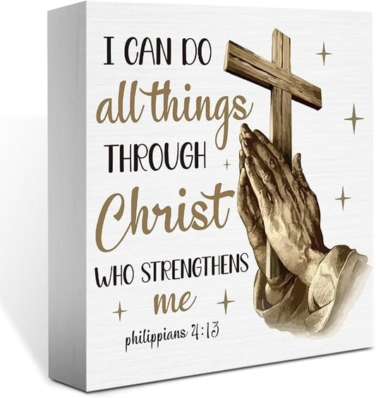 Christian Christmas Decorations, Christ Decor with Praying Hands, Religious Bible Gifts for Women, Men - Baptism Decorations for Home Desk Table Shelf 5 X 5 Inch