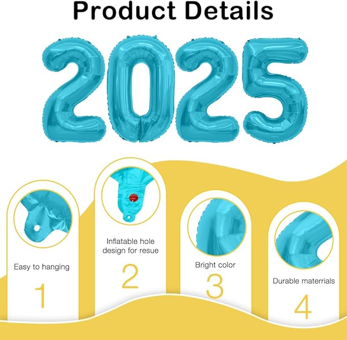 2025 Balloons, 40 Inch 2025 Number Balloons, 2025 Blue Balloons, Large Foil Happy New Year Balloons for New Year Eve Party Supplies 2025, New Years Decorations 2025, Christmas, Graduation, Birthday