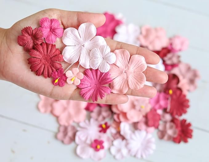 Handmade100 Pcs Mixed Flowers 18 mm - 2 Inch Mulberry Paper Flowers Scrapbooking Wedding DIY Craft Supplies Card (Pink Tone)