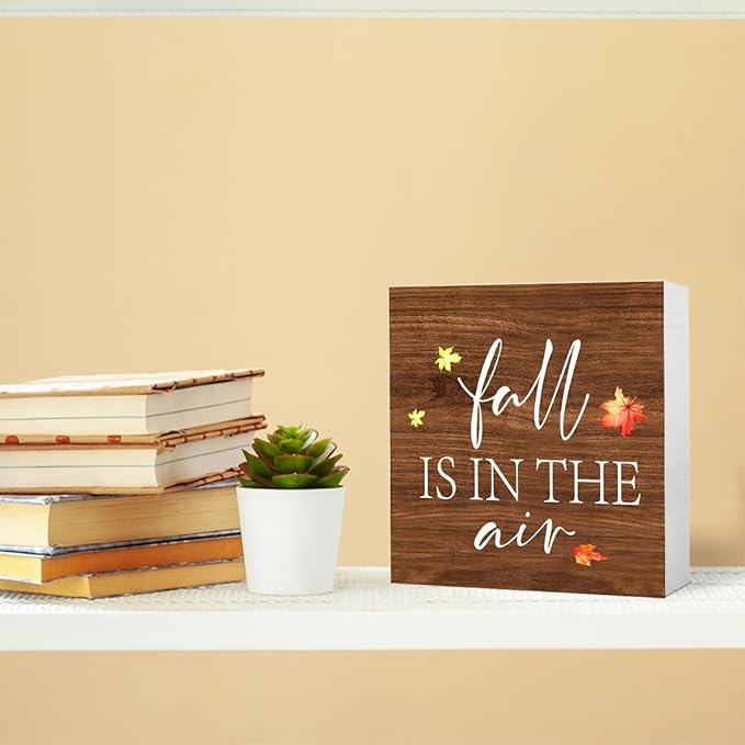 Funny Autumn Wood Box Sign Fall is in the Air Wooden Block Desk Decor for Home Office Kitchen Cubicle Table Shelf Tabletop,Farmhouse Fall Sign Decor