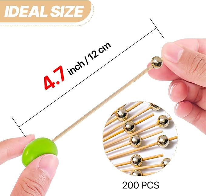 PuTwo Cocktail Picks 4.7 Inch 200pcs Bamboo Fancy Skewers Toothpicks for Appetizers Gold Pearl Toothpicks for Food Drink Fruit Sandwich BBQ Charcuterie Boards Accessories Birthday Party Supplies