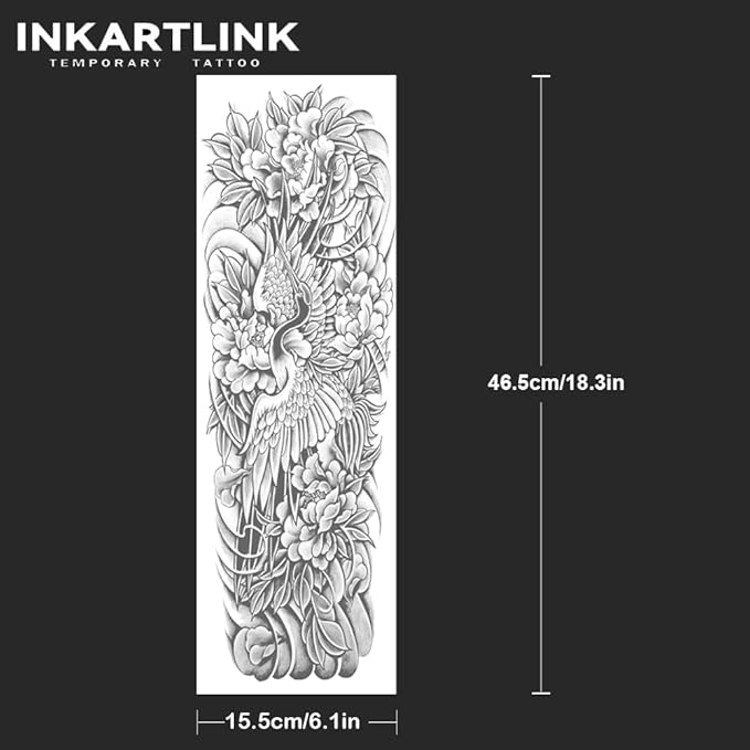 INKARTLINK Semi Permanent Tattoo, 2 Pieces Full Arm Large Size Art Party Tattoo, Comes with a Pair of Anti-Transfer Sleeves, Lasts 7-15 Days, Waterproof (Red-Crowned Crane and Flower)