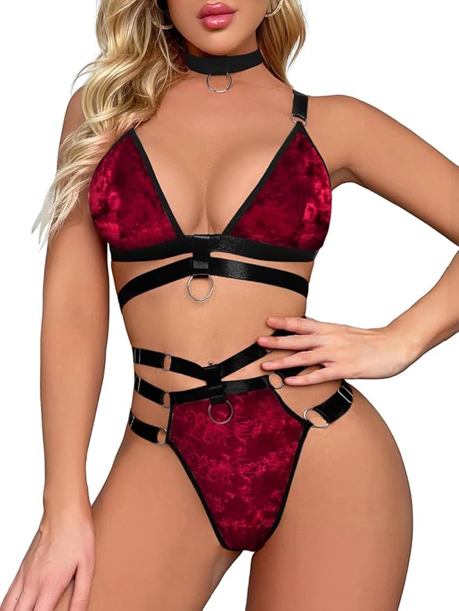 Lilosy Sexy Wireless Choker O Ring Linked Strappy Harness Lingerie Set Outfits 3 Piece