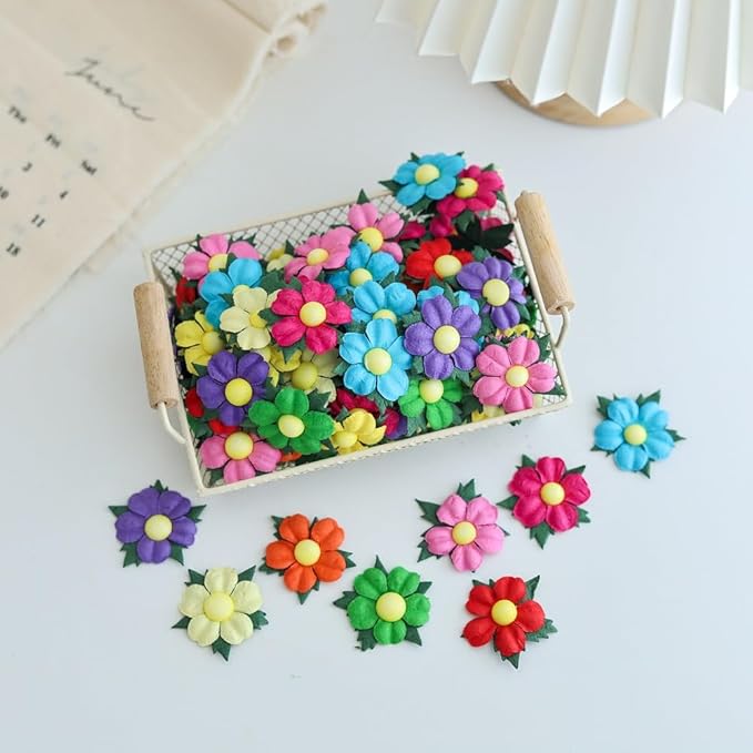 Handmade 100 Pcs Lovely Mulberry Paper Flowers 30x30mm Scrapbooking Wedding DIY Craft Supplies Card Paper Flowers Craft Projects Artificial Flowers. (10 Colors)