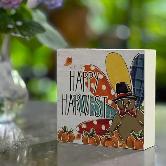 Fall Theme Sign Retro Farmhouse Fall Artwork Decor Autumn Harvest Thanksgiving Wooden Sign, Rustic Wood Maples Decorations for Indoor Outdoor Home Office Supplies (Happy Harvest)