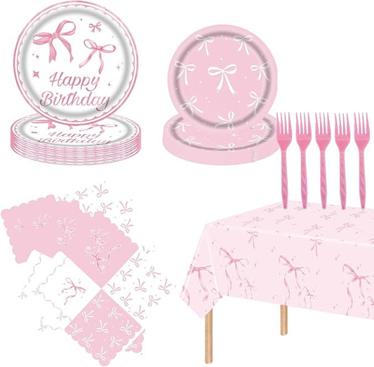101Pcs Bow Birthday Decorations Pink Bow Themed Party Tableware Set-Paper Plates and Napkins,Forks,Pink Bow Tablecloths for Baby Shower Party,Girls Birthday Party,Serves 25 Guests