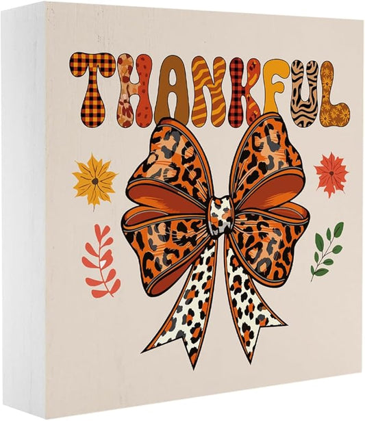 Thankful Fall Decor Fall Decorations for Home Autumn Leopard Bow Decor Cute Autumn Thanksgiving Decorations for Desk Table 5 x 5 inches