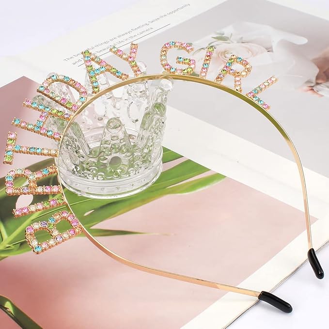 AOPRIE Birthday Girl Headband Tiara for Women & Girls - Happy Birthday Princess Crown Rhinestone Accessory, Gold Colorful