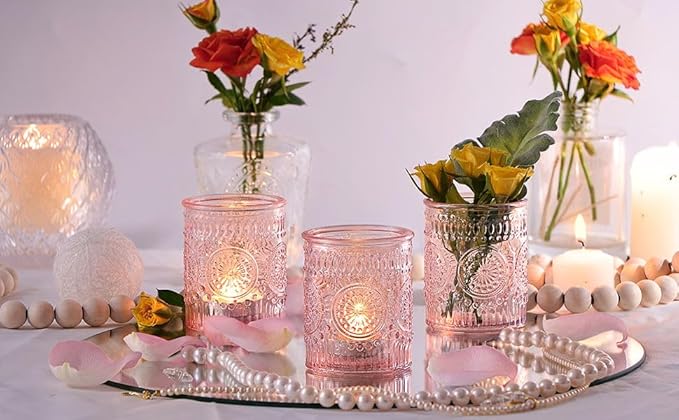 DEVI 24pcs Pink Votive Candle Holders for Table Centerpieces, Glass Tea Lights Candle Holder, Wedding Shower Decorations, Baby Shower Decorations, Valentine Party Centerpieces Table Decoration